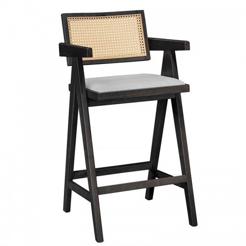 Σκαμπό Bar Winslow Pakoworld Ξύλο Rubberwood Μαύρο-Pvc Rattan Φυσικό-Ύφασμα Γκρι
