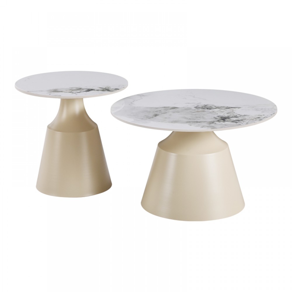 Τραπέζια Σαλονιού Sculpt Pakoworld Σετ 2Τεμ Μέταλλο Cappuccino- Sintered Stone Λευκό Μαρμάρου