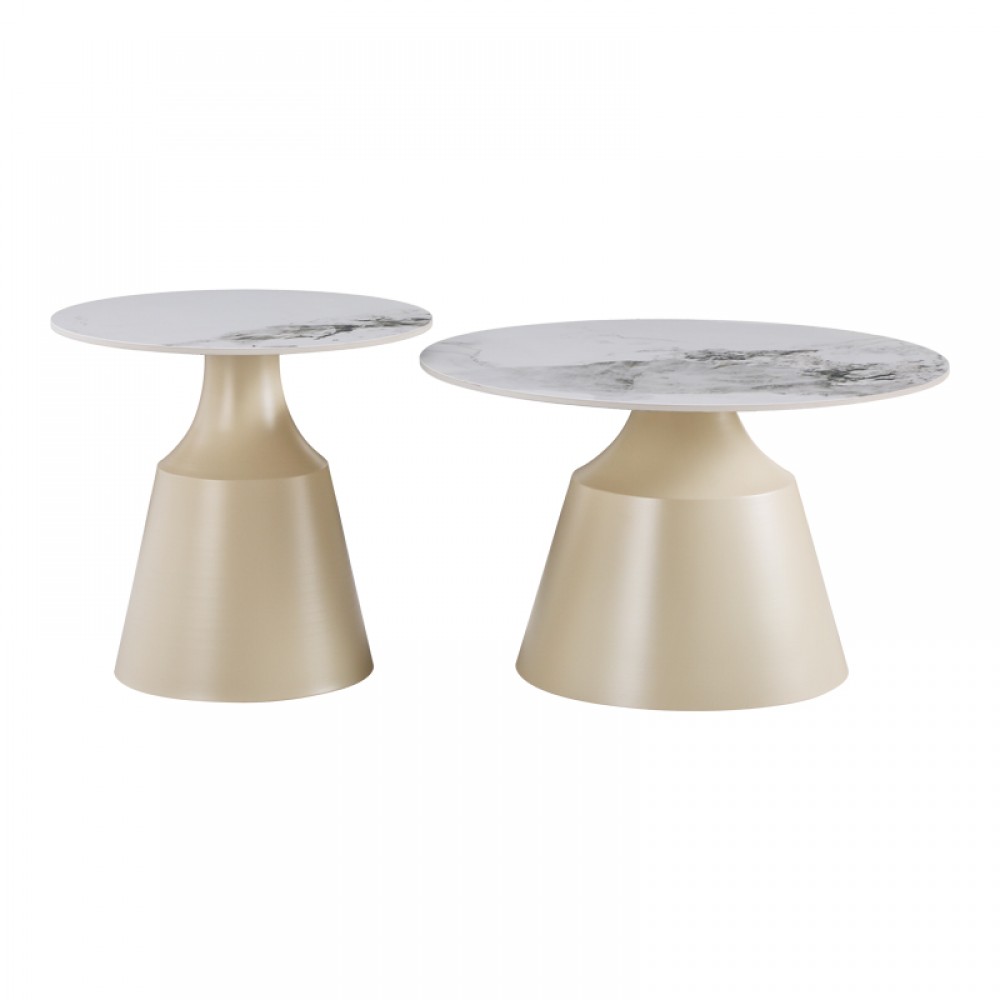 Τραπέζια Σαλονιού Sculpt Pakoworld Σετ 2Τεμ Μέταλλο Cappuccino- Sintered Stone Λευκό Μαρμάρου