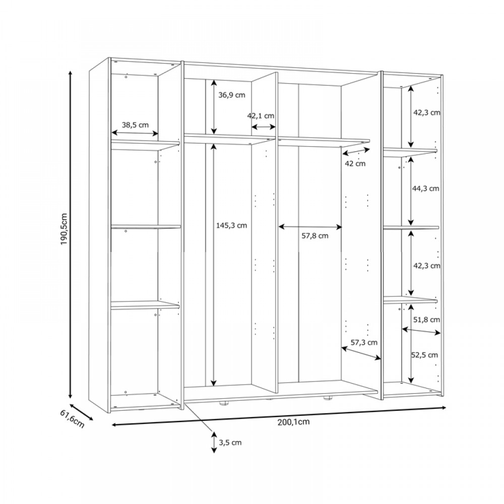 Ντουλάπα Ρούχων Closet Pakoworld Τετράφυλλη Sonoma Oak-Λευκό Μελαμίνης 200X61.5X190.5Εκ