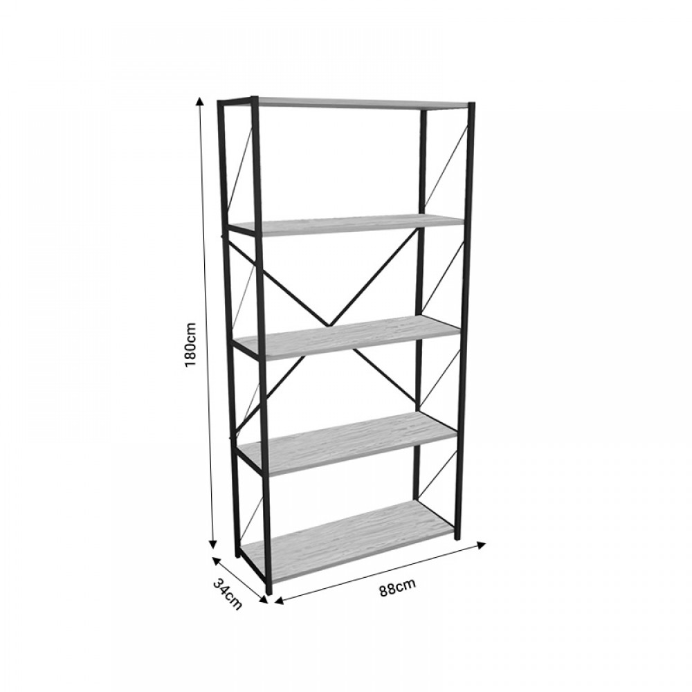 Βιβλιοθήκη Tikilmo Pakoworld Oak Μελαμίνης-Μαύρο Μέταλλο 88X34X180Εκ