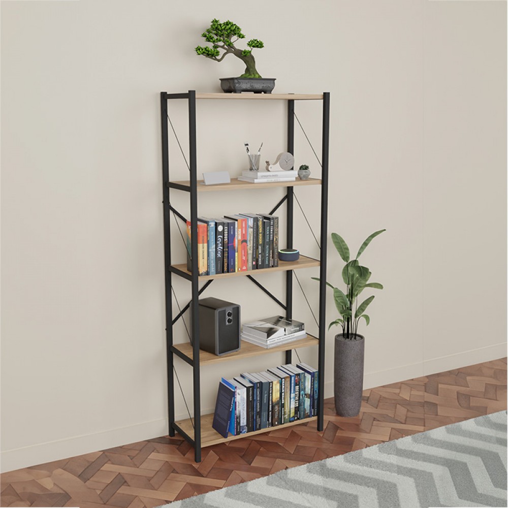 Βιβλιοθήκη Draizy Pakoworld Oak Μελαμίνης-Μαύρο Μέταλλο 63X30X150Εκ