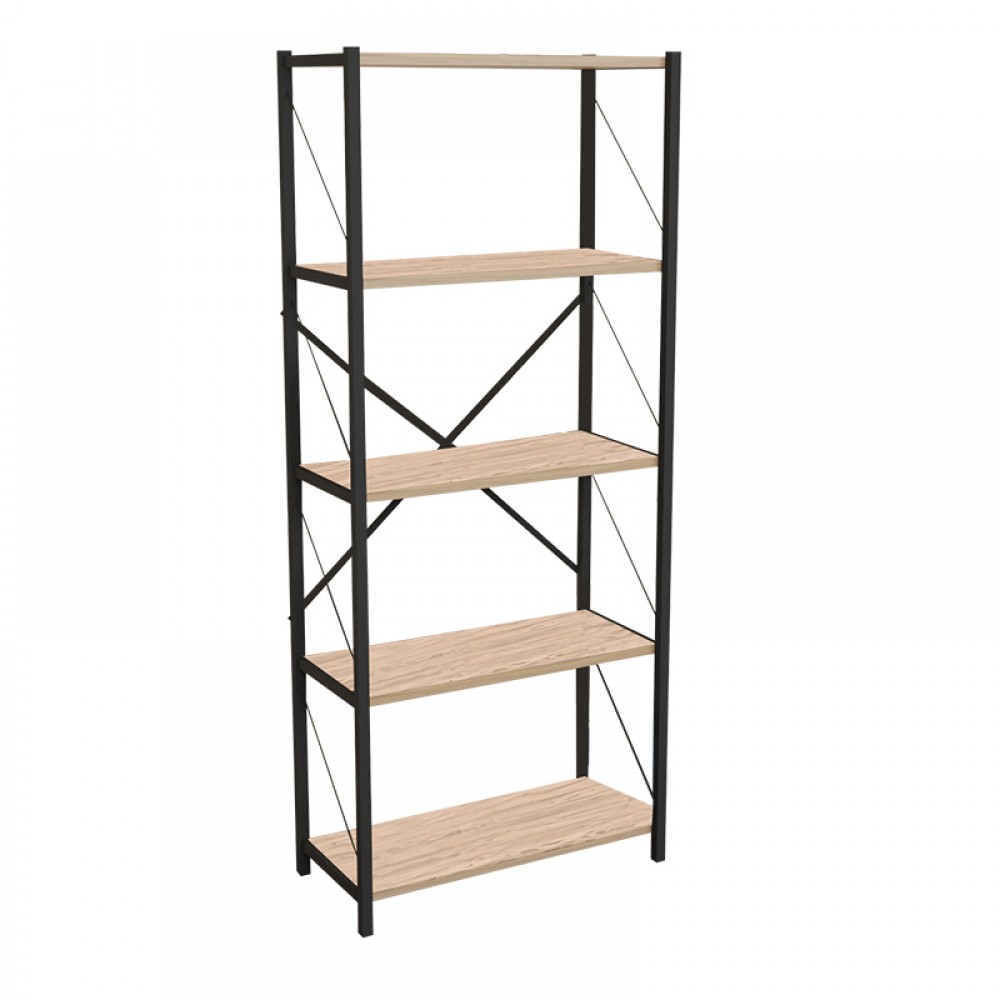 Βιβλιοθήκη Draizy Pakoworld Oak Μελαμίνης-Μαύρο Μέταλλο 63X30X150Εκ