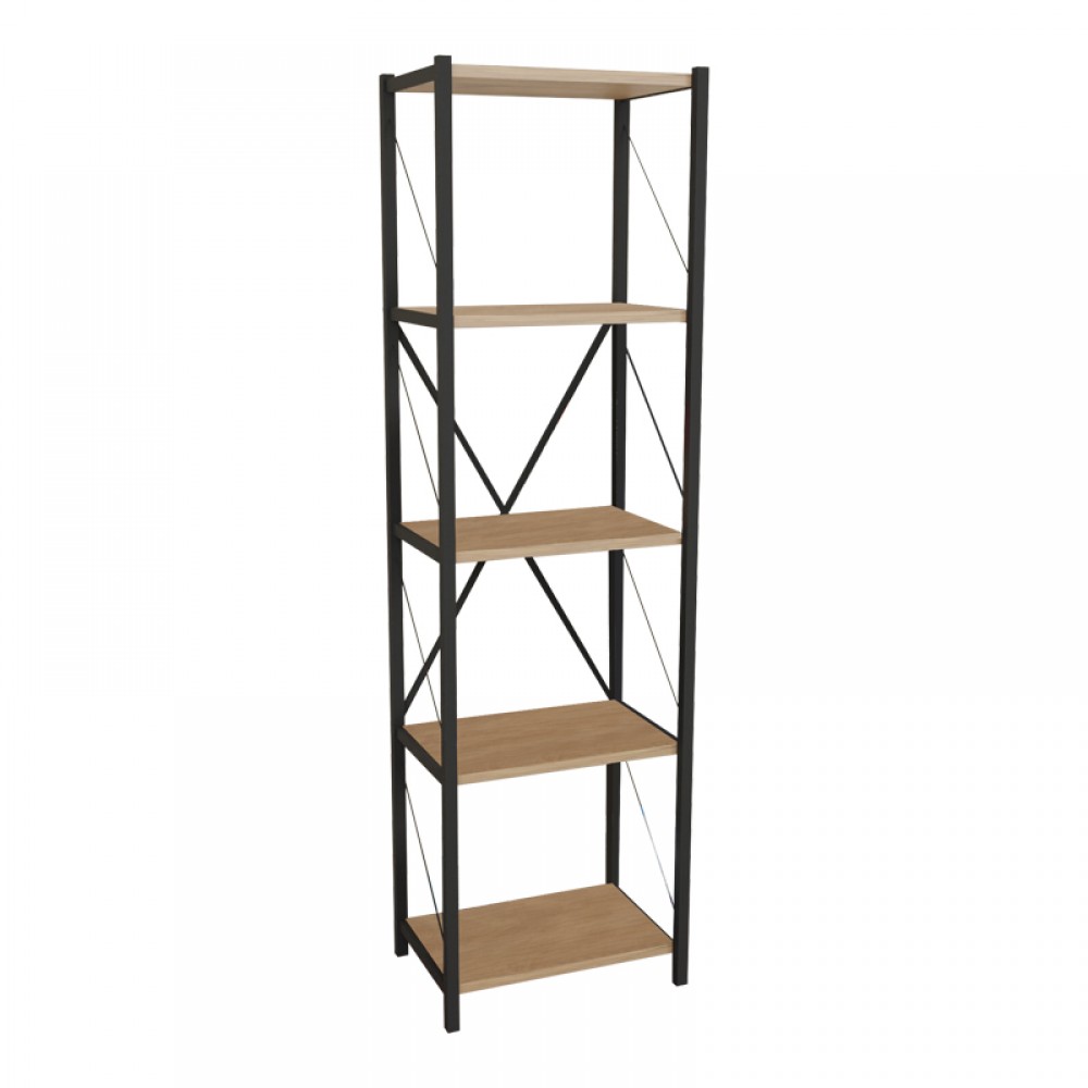 Βιβλιοθήκη Glase Pakoworld Oak Μελαμίνης-Μαύρο Μέταλλο 40X30X150Εκ
