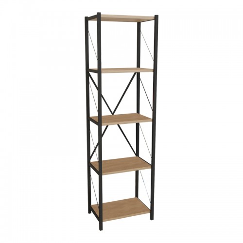 Βιβλιοθήκη Glase Pakoworld Oak Μελαμίνης-Μαύρο Μέταλλο 40X30X150Εκ