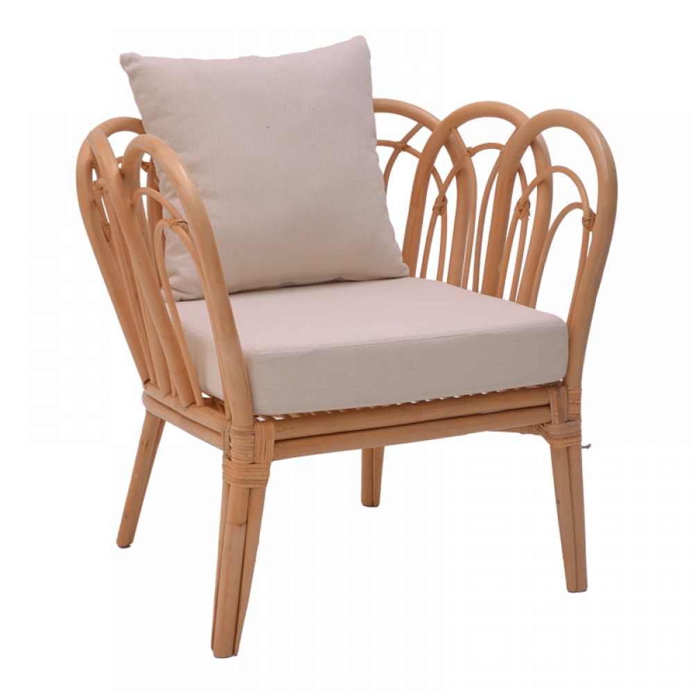 Πολυθρόνα Tania Pakoworld Φυσικό Rattan-Λευκό Μαξιλάρι 76X76X76Εκ