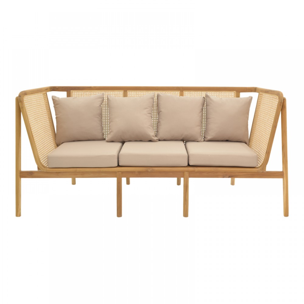 Καναπές Τριθέσιος Jenta Pakoworld Teak Ξύλο Με Rattan Σε Φυσική Απόχρωση Και Μπεζ Μαξιλάρι 203X67X92Εκ