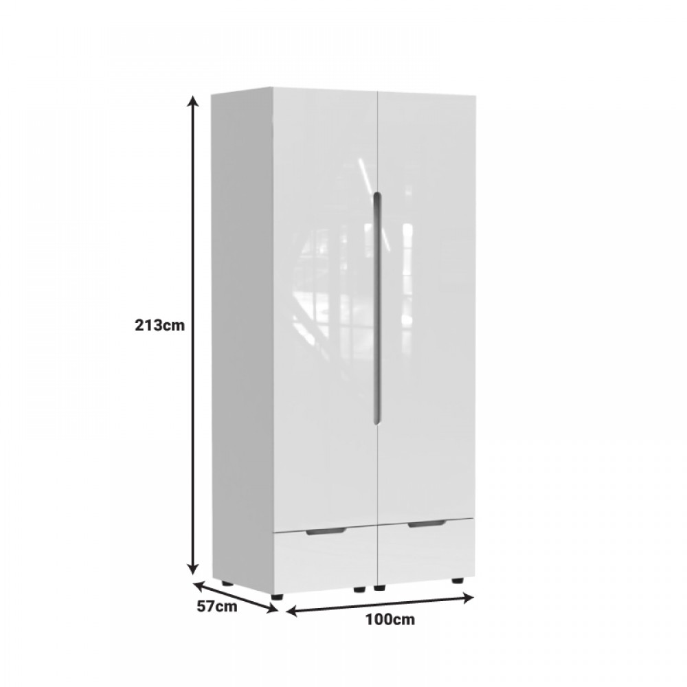 Ντουλάπα Δίφυλλη Afina Pakoworld Mdf Σε Λευκή Glossy Απόχρωση 100X57X213Εκ