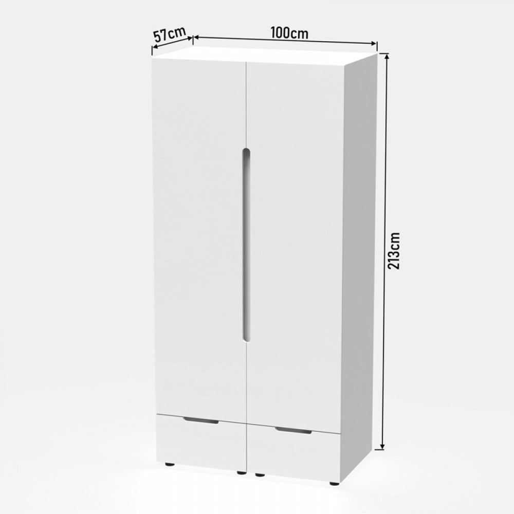 Ντουλάπα Δίφυλλη Afina Pakoworld Mdf Σε Λευκή Glossy Απόχρωση 100X57X213Εκ