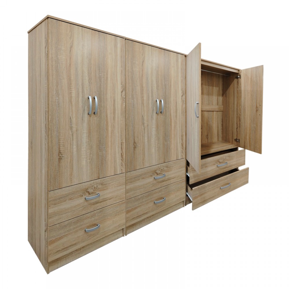 Ντουλάπα Εξάφυλλη Με Συρτάρια Athos Pakoworld Sonoma 240X42X180Εκ