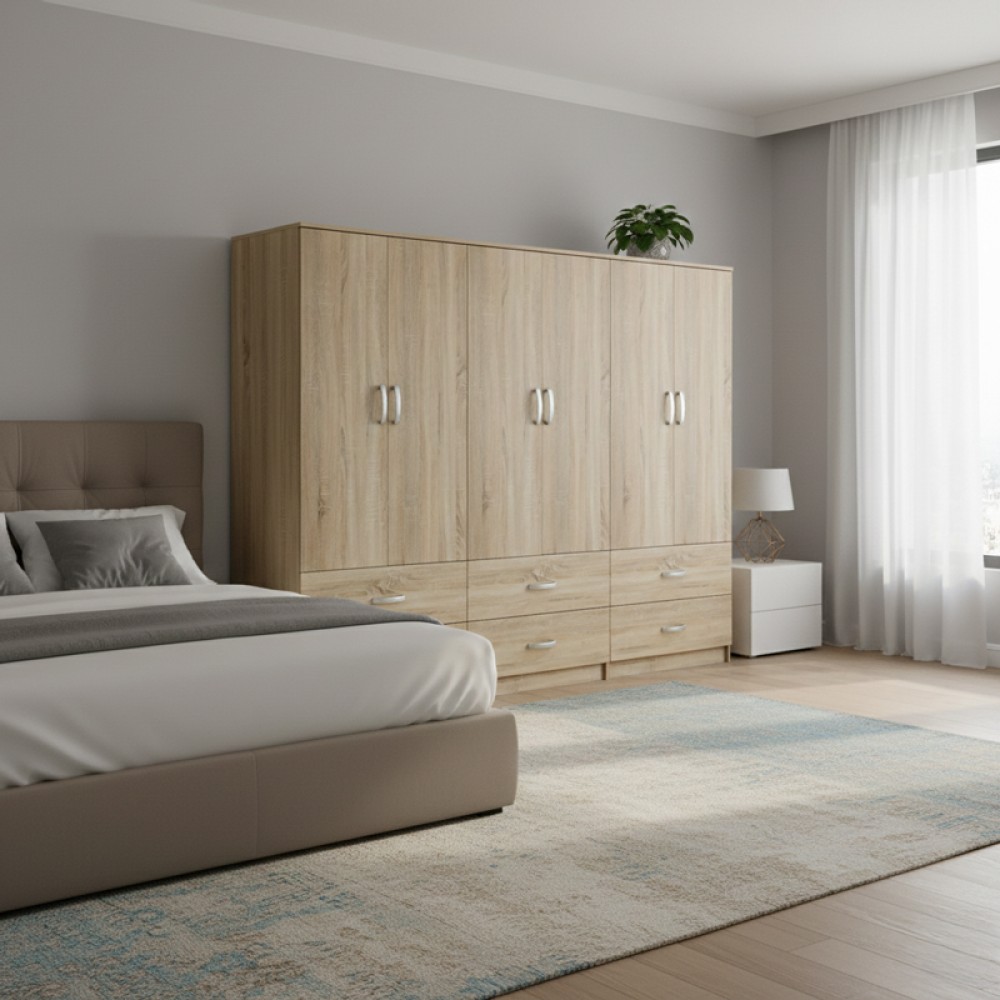 Ντουλάπα Εξάφυλλη Με Συρτάρια Athos Pakoworld Sonoma 240X42X180Εκ