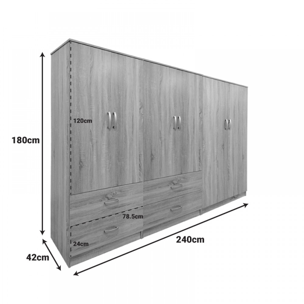 Ντουλάπα Εξάφυλλη Athos Pakoworld Sonoma 240X42X180Εκ
