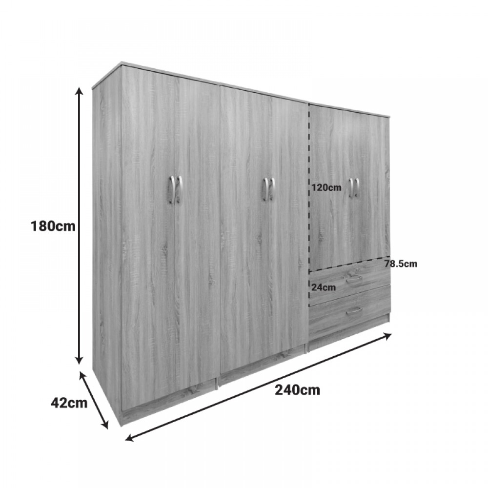 Ντουλάπα Εξάφυλλη Athos I Pakoworld Sonoma 240X42X180Εκ