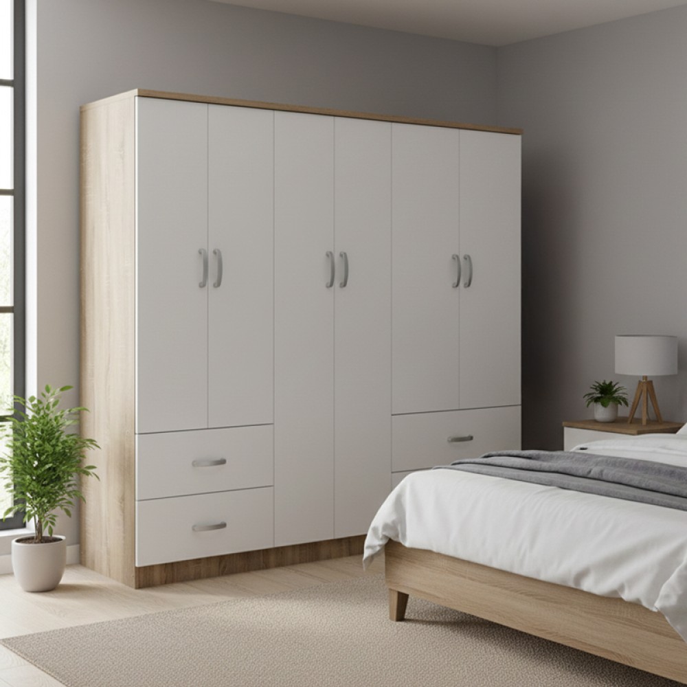 Ντουλάπα Εξάφυλλη Athos Pakoworld Sonoma-Λευκό 200.5X42X180Εκ
