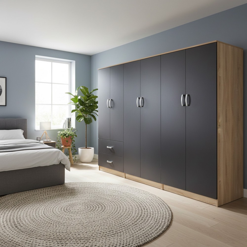 Ντουλάπα Εξάφυλλη Athos I Pakoworld Sonoma-Ανθρακί 240X42X180Εκ