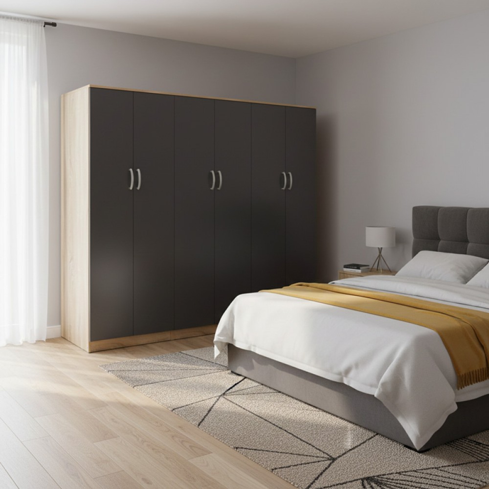 Ντουλάπα Εξάφυλλη Athos Ιι Pakoworld Sonoma-Ανθρακί 240X42X180Εκ