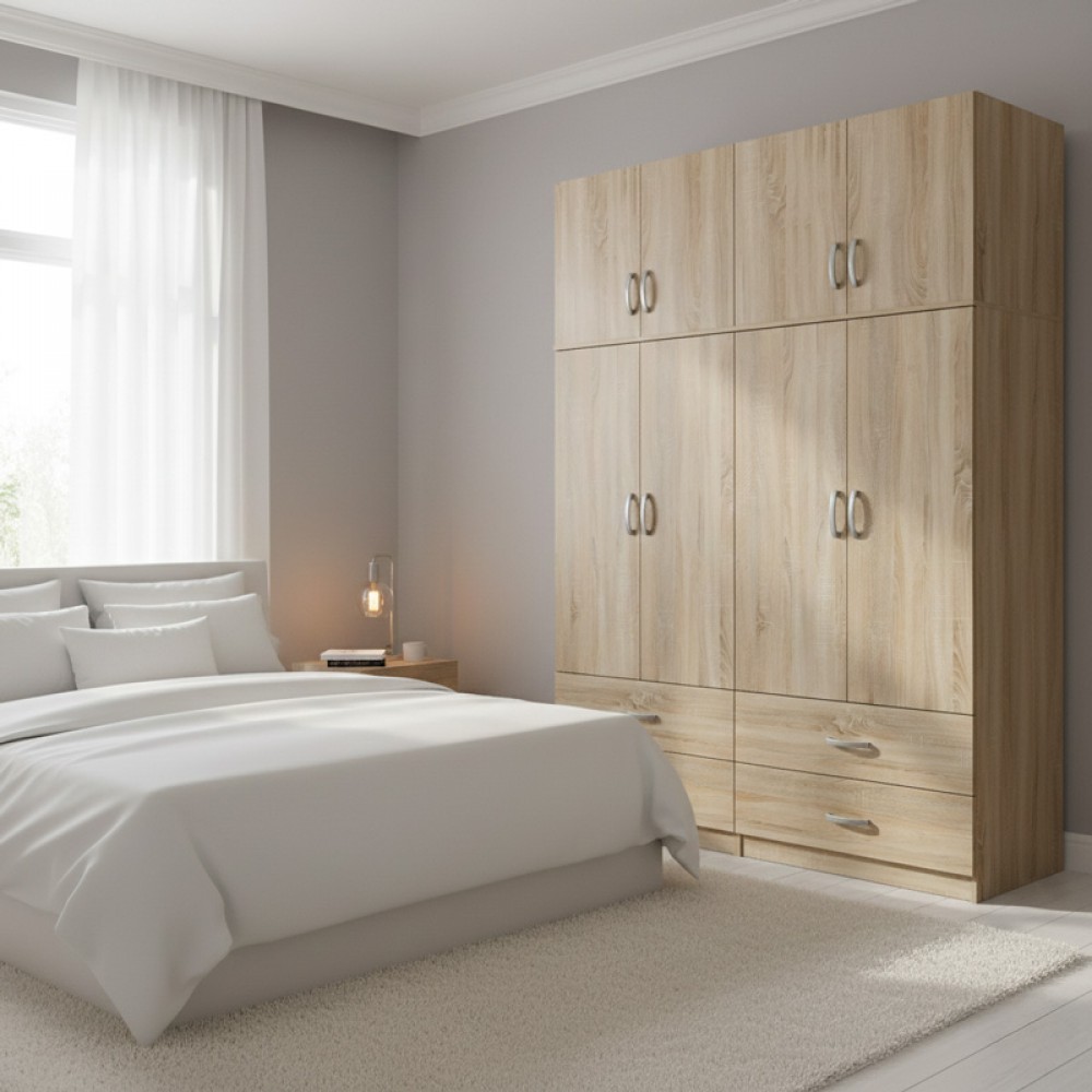 Ντουλάπα Τετράφυλλη Με Συρτάρια Και Πατάρι Athos Pakoworld Sonoma 160X42X240Εκ