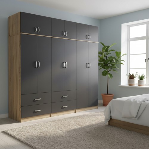 Ντουλάπα Εξάφυλλη Με Πατάρι Athos Pakoworld Sonoma-Ανθρακί 240X42X240Εκ