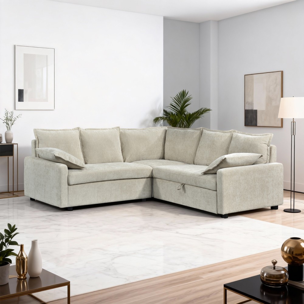 Γωνιακός Καναπές Κρεβάτι Lounivo Pakoworld Ύφασμα Μπεζ 215X215X84Εκ