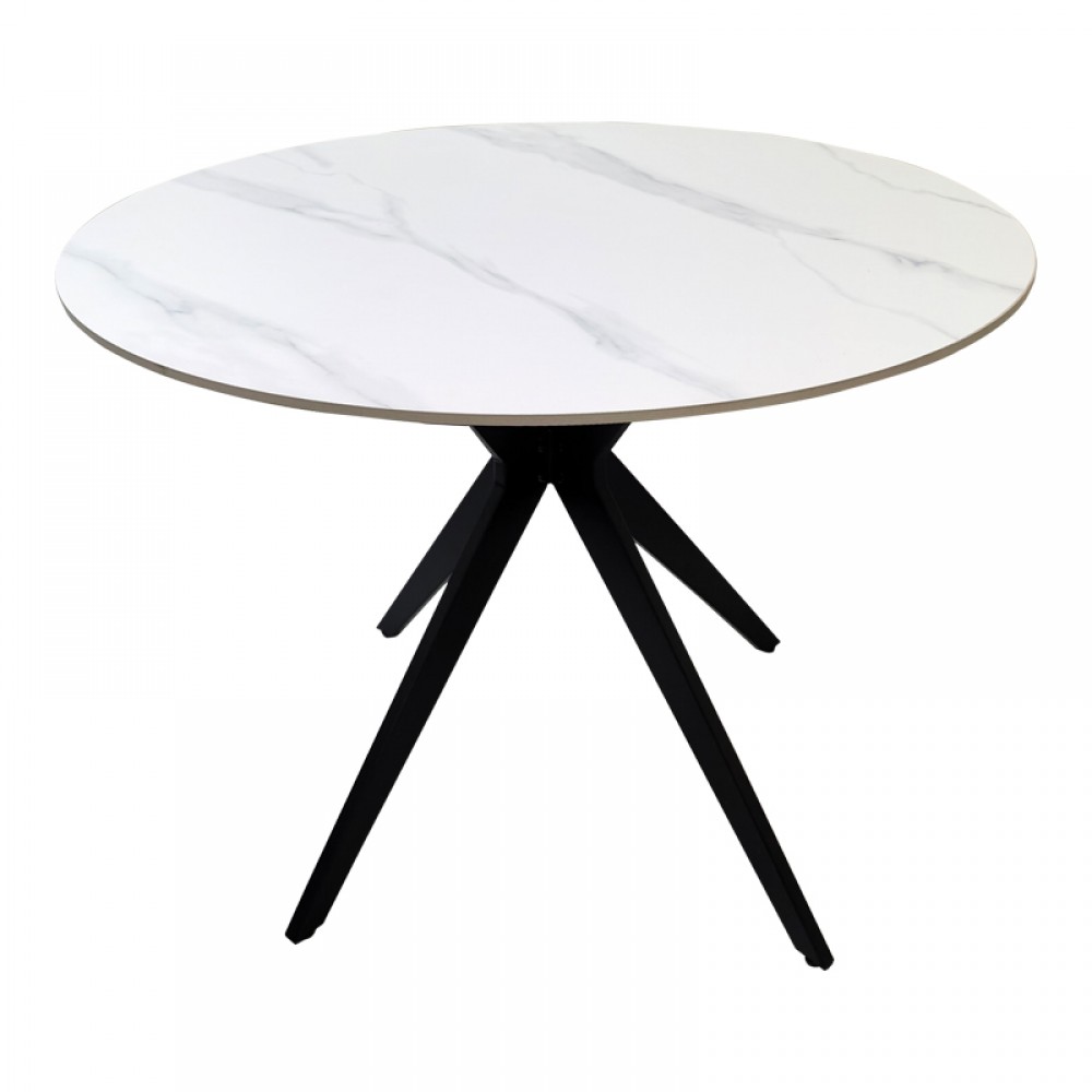 Τραπέζι Orbital Pakoworld Sintered Stone Λευκή Ματ Όψη Μαρμάρου Με Μαύρο Μεταλλικό Πόδι Φ100X76Εκ
