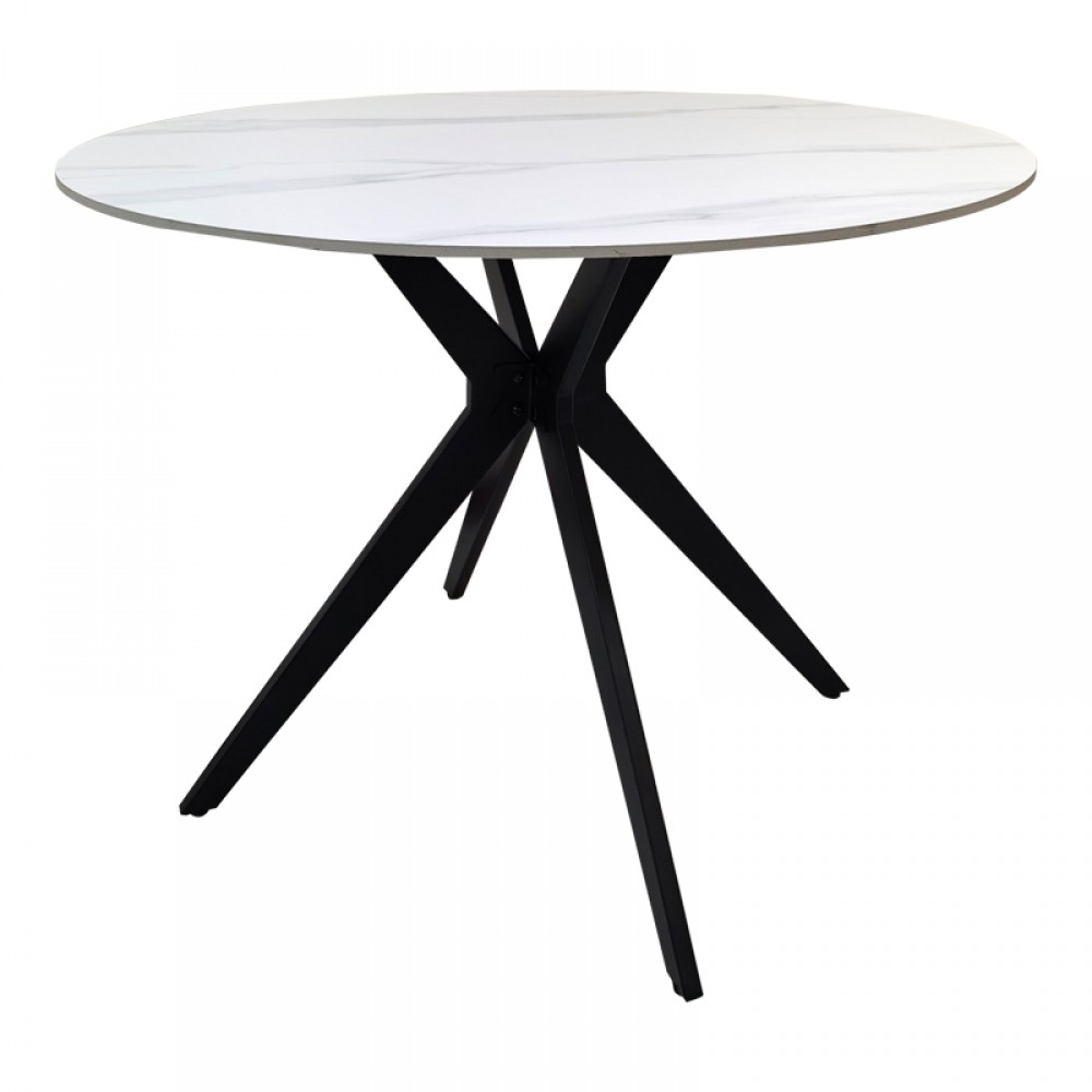 Τραπέζι Orbital Pakoworld Sintered Stone Λευκή Ματ Όψη Μαρμάρου Με Μαύρο Μεταλλικό Πόδι Φ100X76Εκ