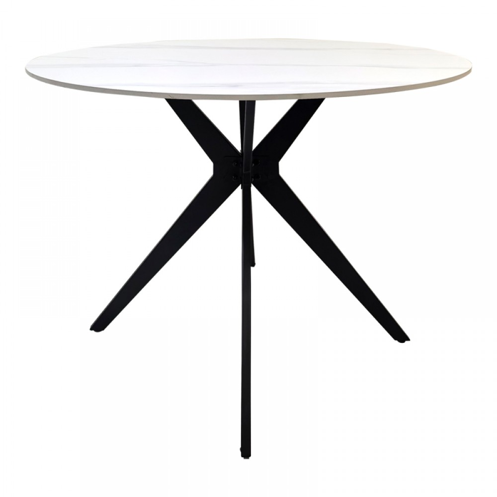 Τραπέζι Orbital Pakoworld Sintered Stone Λευκή Ματ Όψη Μαρμάρου Με Μαύρο Μεταλλικό Πόδι Φ100X76Εκ
