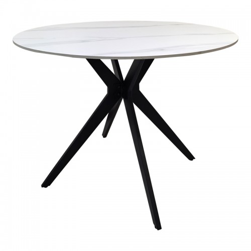 Τραπέζι Orbital Pakoworld Sintered Stone Λευκή Ματ Όψη Μαρμάρου Με Μαύρο Μεταλλικό Πόδι Φ100X76Εκ