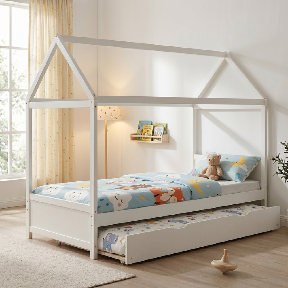 Παιδικό Κρεβάτι Dreamhouse Τ. Μontessori Pakoworld Με Συρόμενο Κρεβάτι Ξύλο Πεύκου Λευκό 90X190Εκ