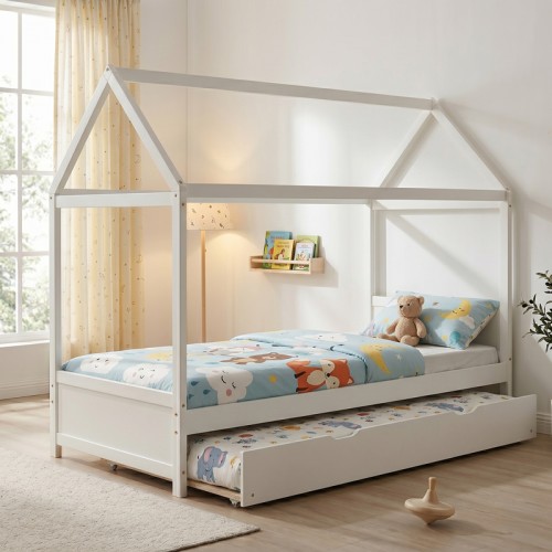 Παιδικό Κρεβάτι Dreamhouse Τ. Μontessori Pakoworld Με Συρόμενο Κρεβάτι Ξύλο Πεύκου Λευκό 90X190Εκ