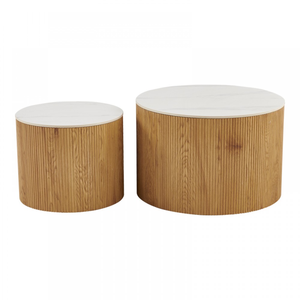 Τραπέζι Σαλονιού Nelba Pakoworld Σετ 2Τεμ Oak Mdf Με  Κεραμική Επιφάνεια Σε Όψη Μαρμάρου