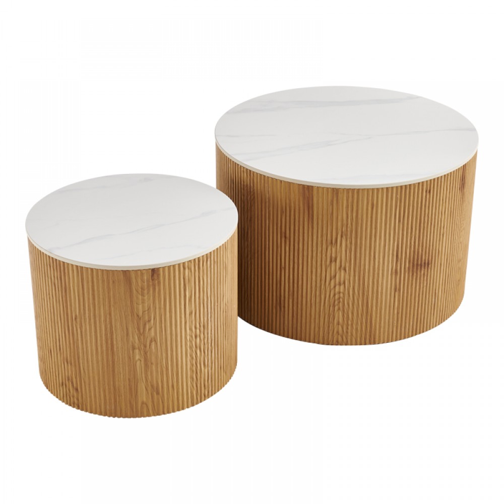 Τραπέζι Σαλονιού Nelba Pakoworld Σετ 2Τεμ Oak Mdf Με  Κεραμική Επιφάνεια Σε Όψη Μαρμάρου