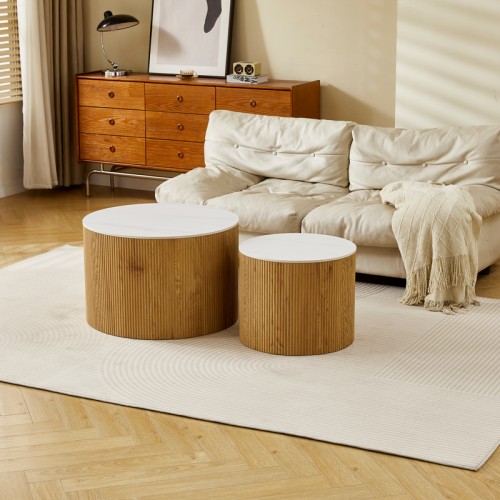 Τραπέζι Σαλονιού Nelba Pakoworld Σετ 2Τεμ Oak Mdf Με  Κεραμική Επιφάνεια Σε Όψη Μαρμάρου