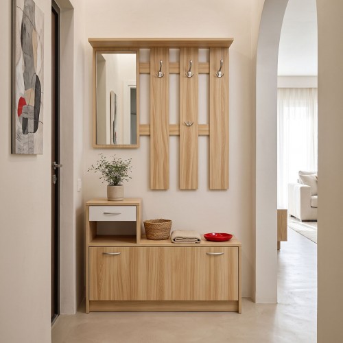 Έπιπλο Εισόδου Jentia Pakoworld  Με Καθρέπτη Sonoma Με Λευκό Mdf 113X100X89Εκ